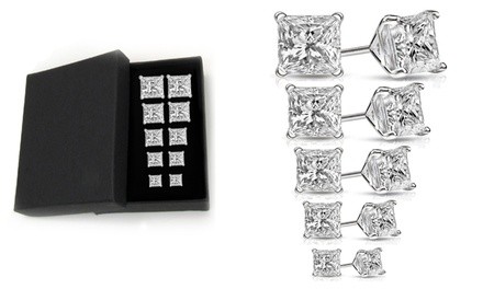 9.00 CTTW 5 Pair Princess Cut Sterling Silver Stud Earrings In Giftbox