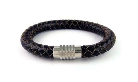 Mens Thick Genuine Leather Braided Magnetic Bracelet