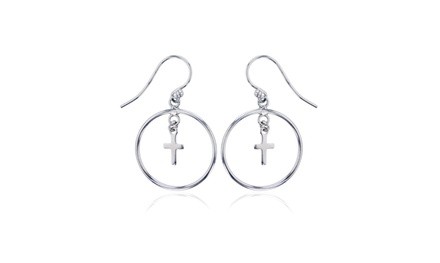 Sterling Silver Rhodium Open Circle with Dangling Cross Earring