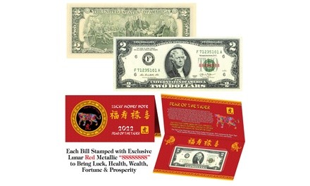 2022 Chinese New YEAR of the TIGER Red Metallic Lucky 8's 2-Dollar Bill w/Folder