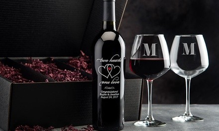 Personalized Wine Bottle & Glass Romance Gift Set (4-Piece) from EtchedWine.com (Up to 50% Off)    