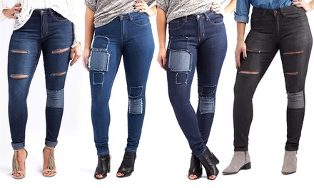 Women's Distressed Patch-Accent Skinny Jeans. Plus Sizes Available