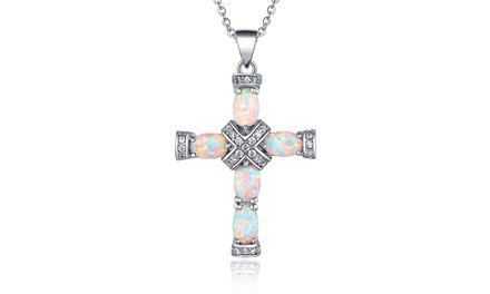 Peermont Genuine White Fire Opal and Diamond Accent Cross Necklace