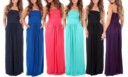 Women's Strapless Ruched Maxi Dress with Pockets