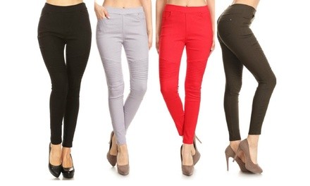 Women's Pleated Stretch Skinny Biker Jeggings