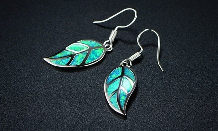 Mossy Green Opal Leaf Earrings in Rhodium Plating