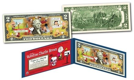 Be My Valentine, Charlie Brown Peanuts Genuine Legal Tender US $2 Bill