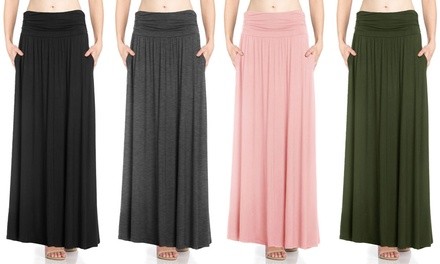 FACA Women's High-Waist Shirring Maxi Skirt with Side Pockets. Plus Sizes Available.