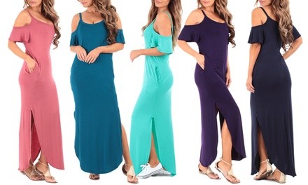 Women's Cold-Shoulder Maxi Dress with Pockets. Plus Sizes Available.