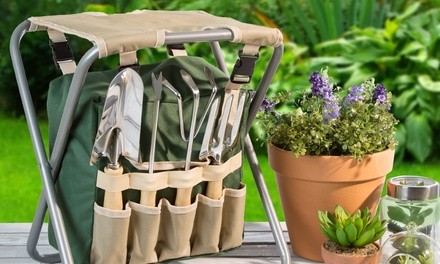 Pure Garden Folding Stool with Tool Bag and Tool Set (7-Piece)