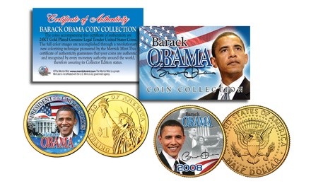 Barack Obama Presidential Colorized 2-Coin Set with Gold-Plated $1 Coin and JFK Half Dollar