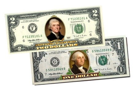 Colorized Two-Sided Genuine U.S. $1 or $2 Bill