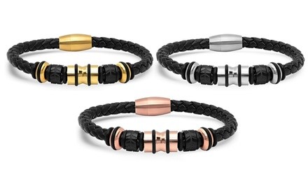 Steeltime Men's Genuine Black Leather Braided Bracelet with Stainless Steel Accents