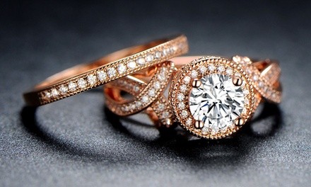 Round Cut Cubic Zirconia Bridal Ring Set in 18K Rose Gold Plating by Hobart