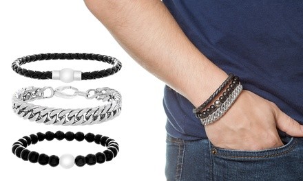 Men's Stainless Steel and Leather Bracelet Set (3-Piece)