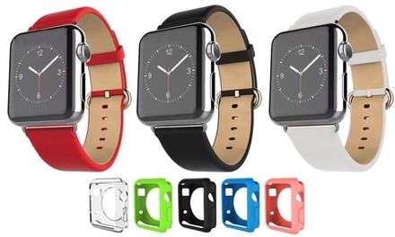 Waloo Apple Watch Leather Band and Gel Cases Set Series 1, 2, 3, 4, & 5 (6-Pack)