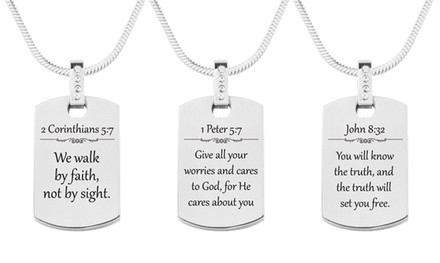 Solid Stainless Steel Scripture Tag Necklace with Cubic Zirconia by Pink Box