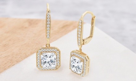 Princess Cut Halo Drop Earrings in Rhodium, Gold, or Rose Gold Plating Made With Swarovski Crystals by Elements of Love