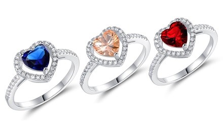 Birthstone Heart-Cut Halo Ring Made with Swarovski Crystals in Rhodium Plating