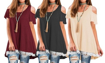 Women's Cold-Shoulder Lace-Trim Tunic. Plus Sizes Available.