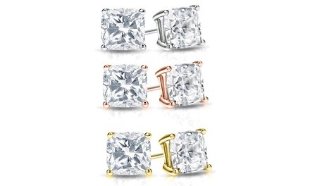 Sterling Silver Cushion Cut Swarovski Crystal Studs by Mina Bloom (1- or 3-Pair)