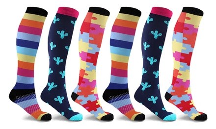 Bright-Pattern Knee-High Compression Socks for Men and Women (3 or 6 Pairs)