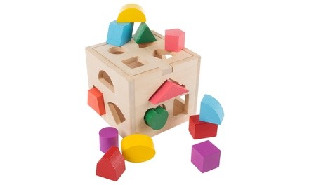 Hey! Play! Kids Wooden Shape-Sorter Cube Puzzle Toy (13-Piece)