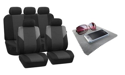 Full Set Cross Weave Car Seat Covers with Non-Slip Dash Mat Combo