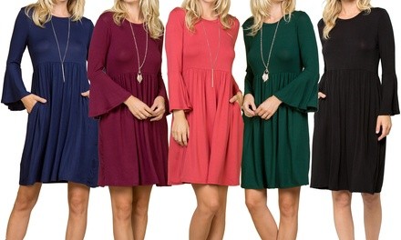 Solid Ruffled Bell Sleeves Dress with Pockets. Plus Sizes Available.