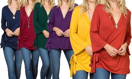 Women's Side Twist Top in Long Bell Sleeves. Plus Sizes Available.