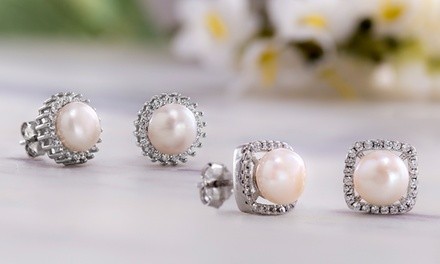 Nina & Grace Freshwater Pearl & CZ Halo Stud Earrings in Sterling Silver