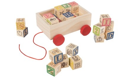 Hey! Play! ABC and 123 Wooden Blocks Set with Pull Cart Box (31-Piece)