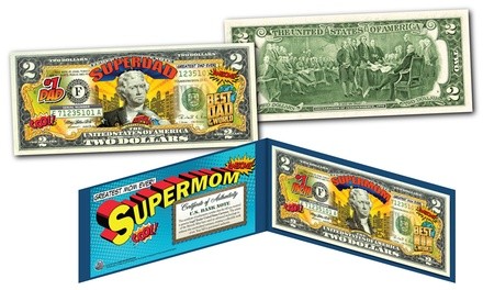 SuperMom or SuperDad Colorized Genuine $2 Bill with Display Folio