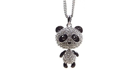 Fashional Cute Little Crystal Panda Pendant Sweater Chain Necklace