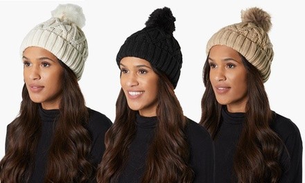 Women's Cold Weather Cable Knit Beanie Hat with Faux Fur Pom