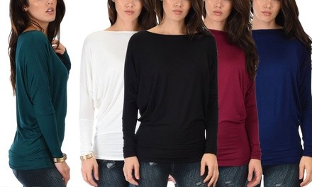 Lyss Loo Basic Instincts Women's Long-Sleeve Dolman Tunic Top. Plus Sizes Available. Single or 3-Pack.