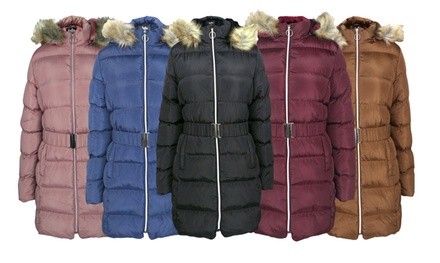 LeeHanTon Women's Solid Three-Quarter Puff Coat with Detachable Hood